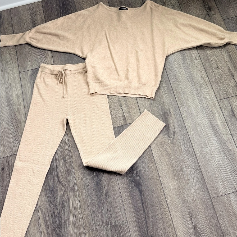 Women's Knit Drawstring Pantsuit Set - Beige